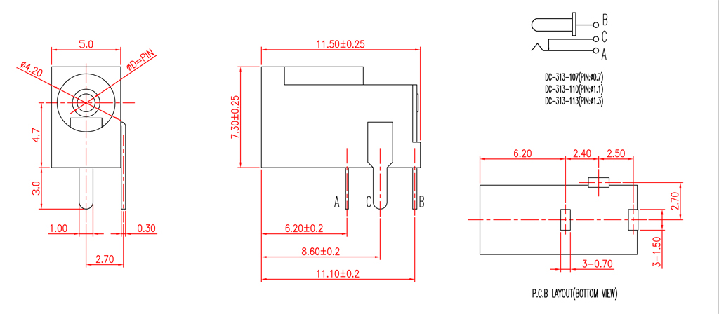3510=中心柱直径1.0mm   适配插头尺寸为3.5*1.1dc-313-110